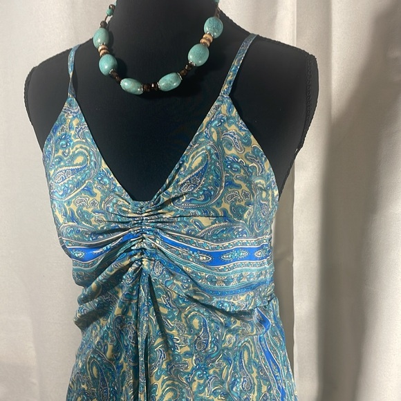 Blue Ruched Tiered Halter Maxi Dress blue with gold foil flex - Picture 2 of 8